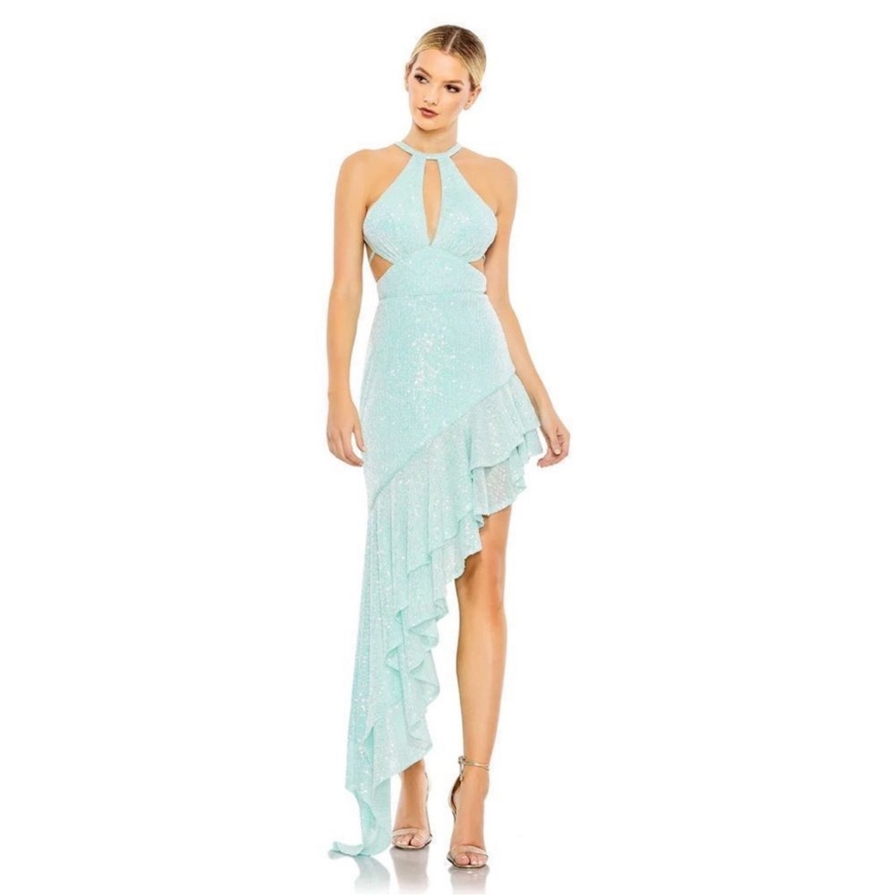 Ieena Mac Duggal 11274 Aqua Blue Sequin Halter Cut Out Ruffle Asymmetric Dress 6